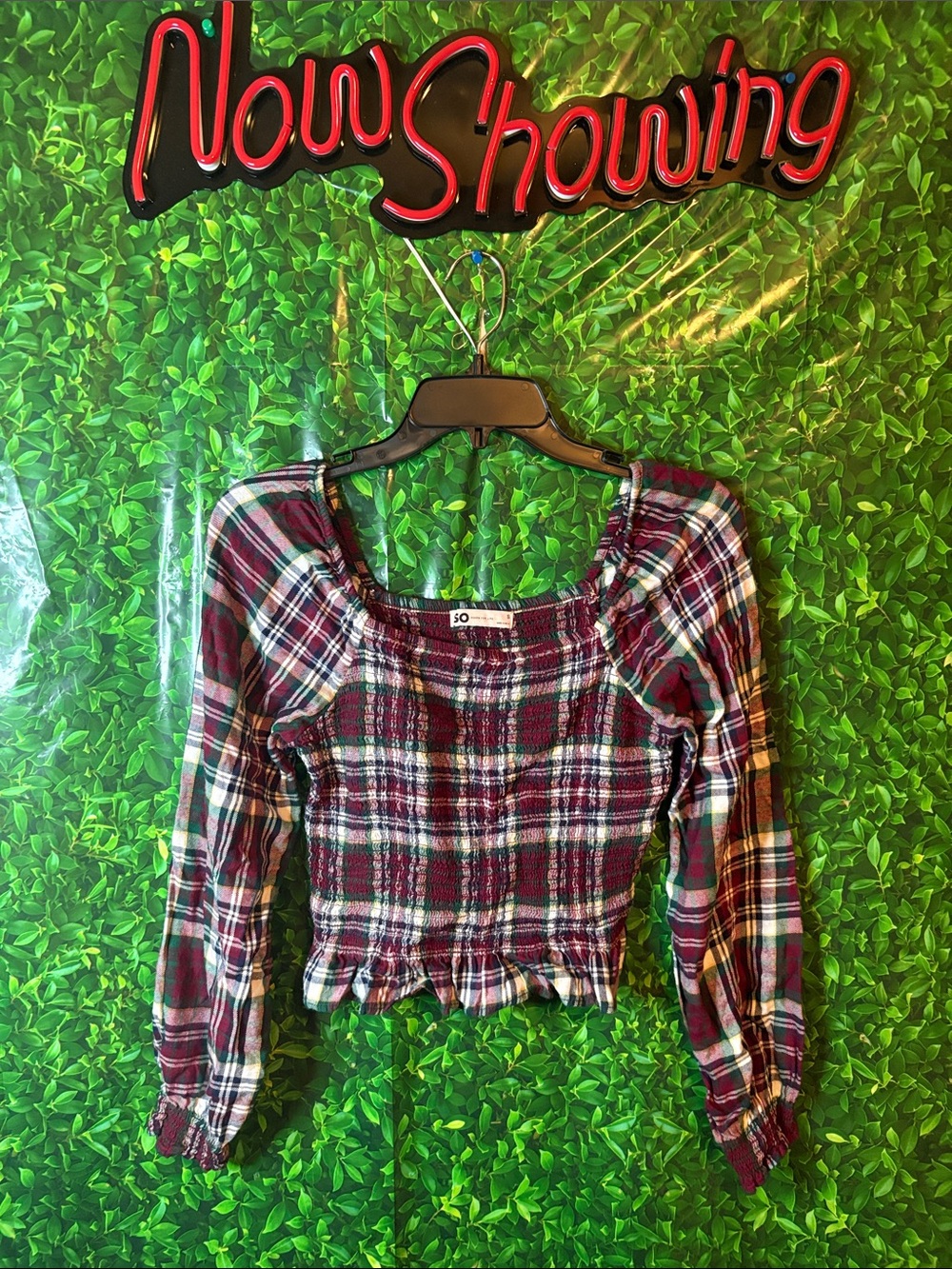 SO Burgundy Plaid Smocked Long-Sleeve Crop Top